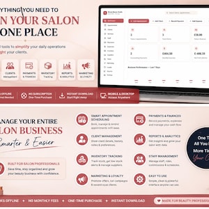 May include: A digital salon management software interface displayed on a laptop screen, featuring a dashboard with appointment, client, and financial tracking tools. The layout includes text headers, icons, and feature lists for business operations.