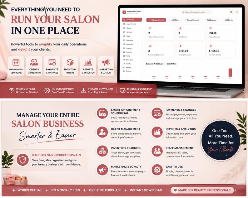 May include: A digital salon management software interface displayed on a laptop screen, featuring a dashboard with appointment, client, and financial tracking tools. The layout includes text headers, icons, and feature lists for business operations.