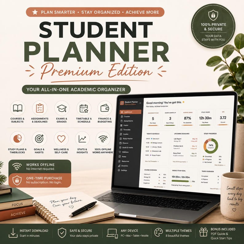 May include: A digital student planner displayed on a laptop screen, featuring an academic dashboard with schedules, grades, and study progress. The interface includes text like Student Planner Premium Edition, and the layout shows various icons.