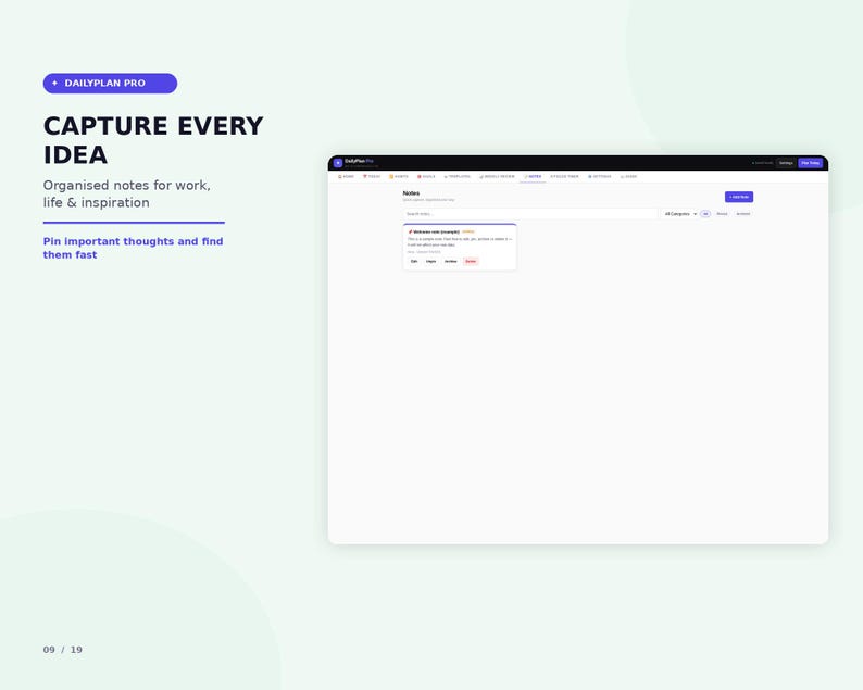K&ouml;nnte beinhalten: Eine digitale Benutzeroberfl&auml;che f&uuml;r DailyPlan Pro mit einem Notizbereich, der den Text Capture Every Idea, Organised notes for work, life & inspiration und Pin important thoughts and find them fast sowie eine wei&szlig;e Notizkarte zeigt.
