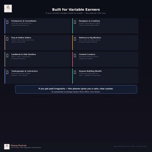 May include: A dark blue digital planner interface titled Built for Variable Earners. It lists categories including Freelancers, Etsy Sellers, Landlords, and Content Creators. The text states: If you get paid irregularly, this planner gives you a calm, clear system.