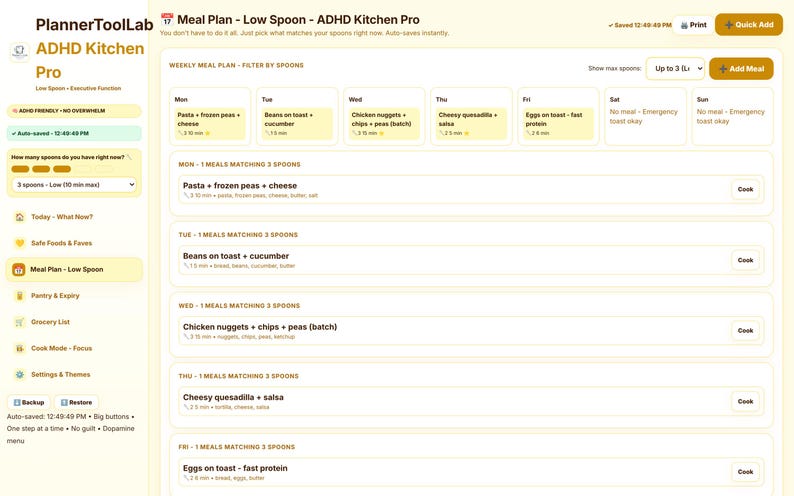 May include: A digital meal planning interface titled PlannerToolLab ADHD Kitchen Pro. The dashboard features a weekly meal plan layout with daily entries, a spoon-based energy filter, and navigation sidebar with options like Today, Pantry, and Grocery List.