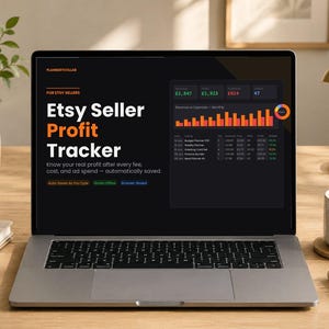 May include: A laptop screen displaying the Etsy Seller Profit Tracker software interface. The dark-themed dashboard features orange and white text, a bar chart showing monthly revenue versus expenses, and a table listing financial data for listings.