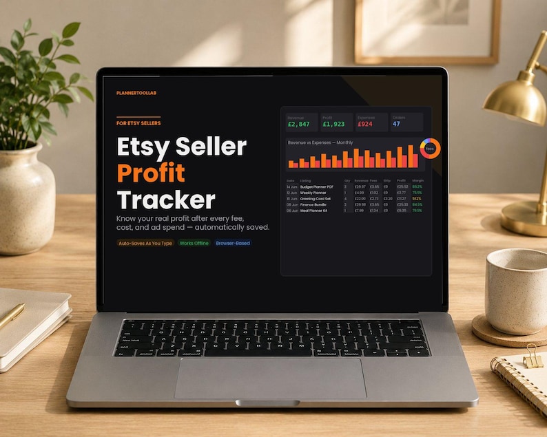 May include: A laptop screen displaying the Etsy Seller Profit Tracker software interface. The dark-themed dashboard features orange and white text, a bar chart showing monthly revenue versus expenses, and a table listing financial data for listings.