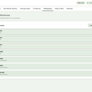 May include: A digital Net Worth & FI Tracker interface displaying a Net Worth Milestones page. The screen features a list of financial goals ranging from &pound;10,000 to &pound;1,000,000, with status indicators showing achieved milestones and remaining amounts in British pounds.