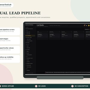 May include: A digital interface display titled Visual Lead Pipeline from PlannerToolLab. The screen shows a dark-themed CRM dashboard with columns for lead stages, opportunity values, and follow-up visibility. Text includes Works Offline, No Login, and No Subscription.
