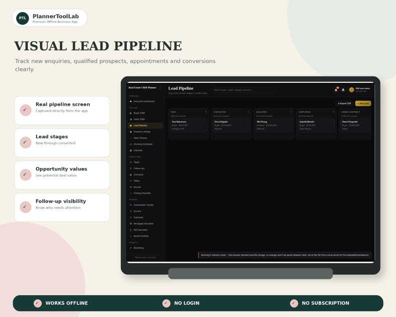 May include: A digital interface display titled Visual Lead Pipeline from PlannerToolLab. The screen shows a dark-themed CRM dashboard with columns for lead stages, opportunity values, and follow-up visibility. Text includes Works Offline, No Login, and No Subscription.