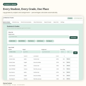 May include: A digital interface for a student and grade tracker featuring a light green color scheme. The dashboard displays sections for managing a class list, logging grades by subject and assignment, and viewing a table of student performance data.