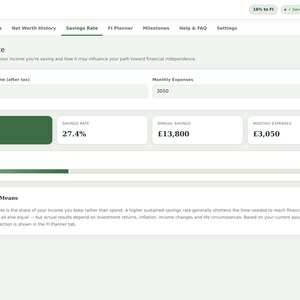 May include: A digital Net Worth & FI Tracker interface displaying a Savings Rate dashboard. The screen shows input fields for monthly income and expenses, with calculated results for monthly savings of &pound;1,150, a 27.4% rate, and annual savings.
