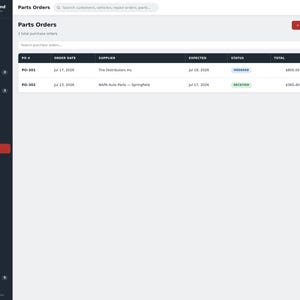 May include: A digital dashboard interface titled Garage Command displaying a Parts Orders table. The screen features a dark sidebar navigation menu and a white main content area listing purchase orders with columns for PO number, date, supplier, status, and total.