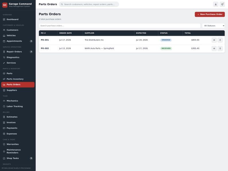 May include: A digital dashboard interface titled Garage Command displaying a Parts Orders table. The screen features a dark sidebar navigation menu and a white main content area listing purchase orders with columns for PO number, date, supplier, status, and total.