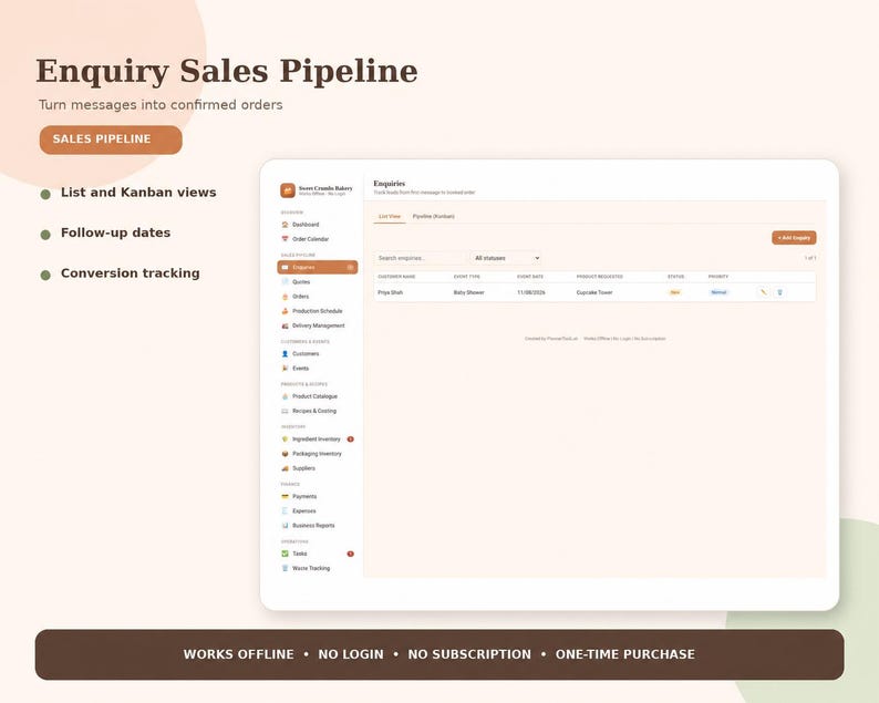 May include: A digital interface for an Enquiry Sales Pipeline featuring a sidebar with navigation icons and labels like Dashboard, Enquiries, Quotes, and Orders. The main area displays a table with columns for customer name, event type, date, and status.