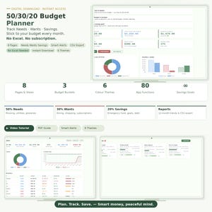 May include: A 50/30/20 budget planner digital download featuring a dashboard with financial charts, pie graphs, and data tables. The interface displays 8 pages, 3 budget buckets, 6 color themes, and 80 app functions for tracking needs, wants, and savings.