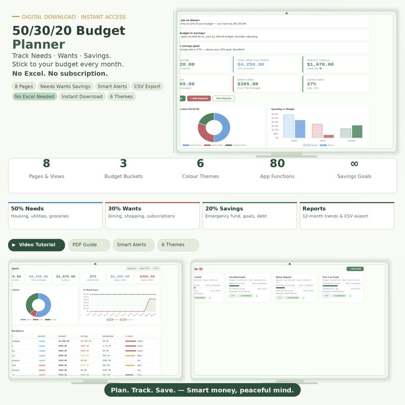 May include: A 50/30/20 budget planner digital download featuring a dashboard with financial charts, pie graphs, and data tables. The interface displays 8 pages, 3 budget buckets, 6 color themes, and 80 app functions for tracking needs, wants, and savings.