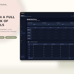 May include: A digital weekly meal planner interface displayed on a dark screen. The layout includes sections for calorie targets, protein, carbs, and fat, alongside a grid for breakfast, lunch, dinner, and snacks from Monday to Sunday, plus a daily nutrition summary table.