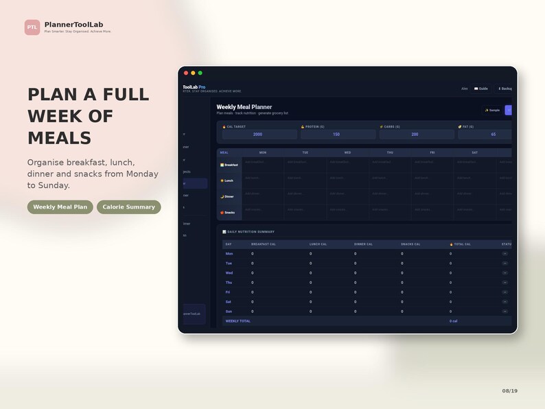 May include: A digital weekly meal planner interface displayed on a dark screen. The layout includes sections for calorie targets, protein, carbs, and fat, alongside a grid for breakfast, lunch, dinner, and snacks from Monday to Sunday, plus a daily nutrition summary table.