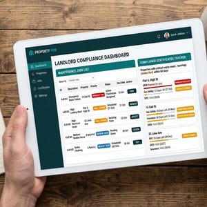 May include: A tablet screen displaying a Property Hub Landlord Compliance Dashboard. The interface features a maintenance jobs list with columns for ID, description, property, priority, status, due date, and action, alongside a compliance certificates tracker.