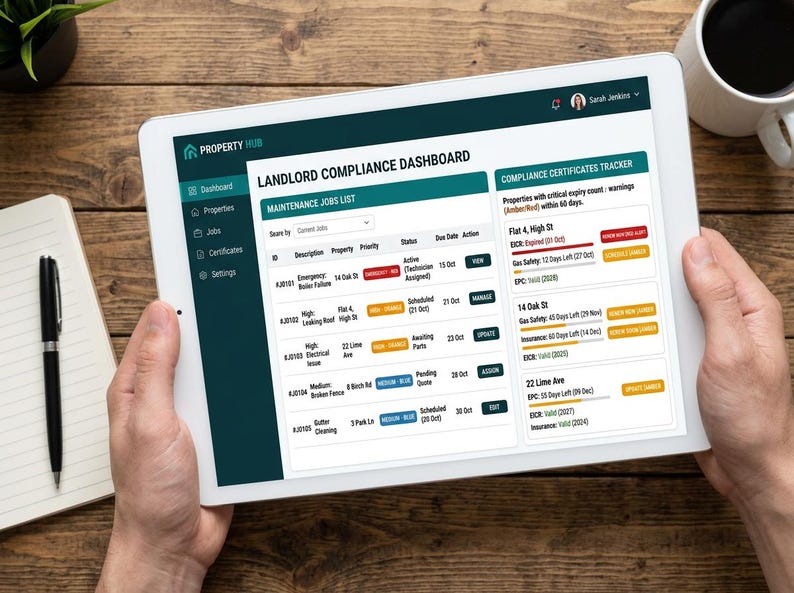 May include: A tablet screen displaying a Property Hub Landlord Compliance Dashboard. The interface features a maintenance jobs list with columns for ID, description, property, priority, status, due date, and action, alongside a compliance certificates tracker.