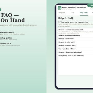 May include: A digital interface display for the Focus Session Companion app, featuring a Help & FAQ section. The screen lists questions about data privacy, device setup, and accordion-style FAQs, with text detailing that data stays on the device.