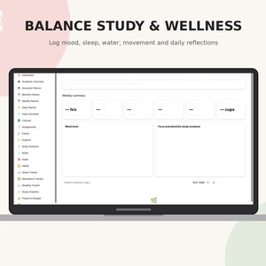 May include: A digital planner interface displayed on a laptop screen titled BALANCE STUDY & WELLNESS. The sidebar lists categories including Dashboard, Academic Overview, Semester Planner, Monthly Planner, Weekly Planner, and Daily Planner.