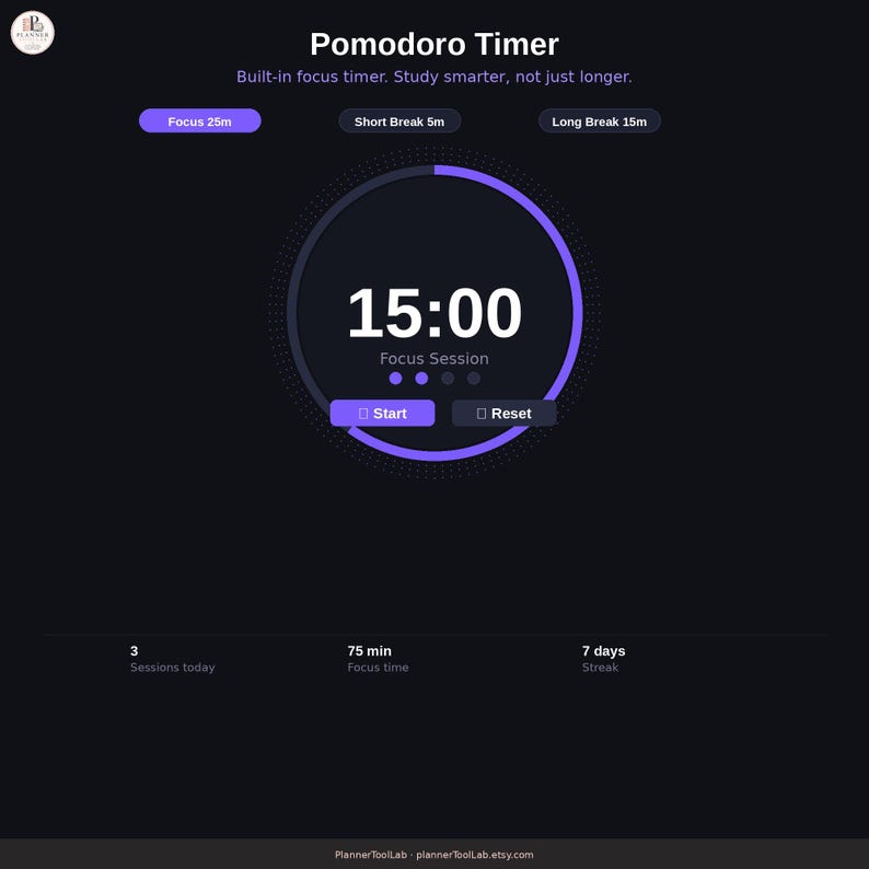 May include: A digital Pomodoro timer interface on a dark background with the text Pomodoro Timer and Built-in focus timer. Study smarter, not just longer. It displays a 15:00 countdown, Focus Session, Start and Reset buttons, and session stats.
