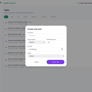 May include: A digital task management interface titled ADHD Second Brain featuring a pop-up window labeled Create new task. The form includes fields for task name, energy required, estimated duration, due date, and priority with purple buttons.