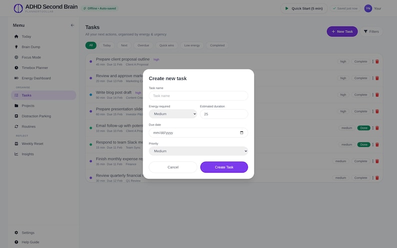 May include: A digital task management interface titled ADHD Second Brain featuring a pop-up window labeled Create new task. The form includes fields for task name, energy required, estimated duration, due date, and priority with purple buttons.