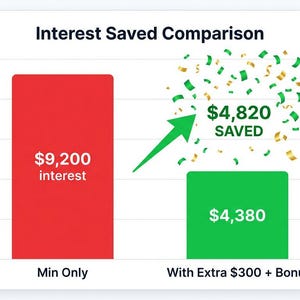 May include: A bar chart titled Interest Saved Comparison showing a tall red bar labeled $9,200 interest for Min Only and a shorter green bar labeled $4,380 for With Extra $300 + Bonus, with a green arrow pointing to $4,820 SAVED and confetti.
