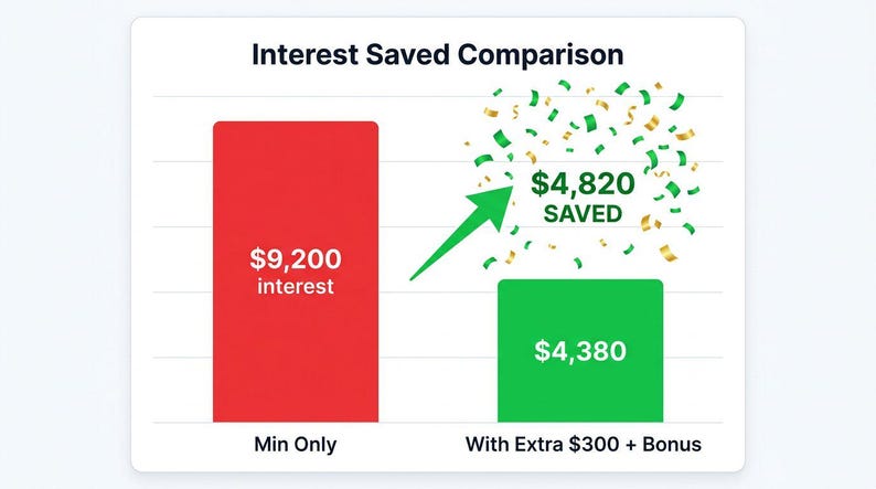 May include: A bar chart titled Interest Saved Comparison showing a tall red bar labeled $9,200 interest for Min Only and a shorter green bar labeled $4,380 for With Extra $300 + Bonus, with a green arrow pointing to $4,820 SAVED and confetti.