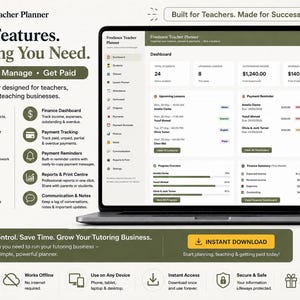 May include: A digital Freelance Teacher Planner displayed on a laptop and smartphone screen. The interface features a dashboard with student management, lesson planning, finance tracking, and payment reminders. Text includes "Built for Teachers. Made for Success" and "Take Control. Save Time. Grow Your Tutoring Business."