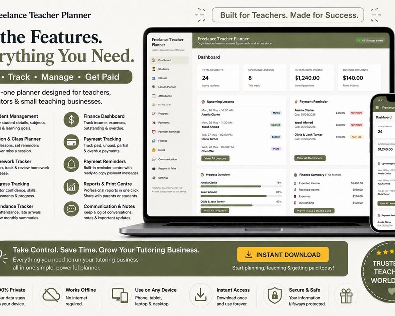 May include: A digital Freelance Teacher Planner displayed on a laptop and smartphone screen. The interface features a dashboard with student management, lesson planning, finance tracking, and payment reminders. Text includes "Built for Teachers. Made for Success" and "Take Control. Save Time. Grow Your Tutoring Business."