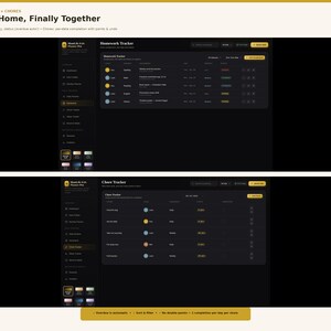 May include: A digital interface displaying a Homework Tracker and a Chore Tracker with a dark theme. The layout features lists with color-coded icons, status columns, and action buttons. Text includes School & Home, Finally Together, Homework Tracker, and Chore Tracker, organized in a sidebar navigation menu with various categories.