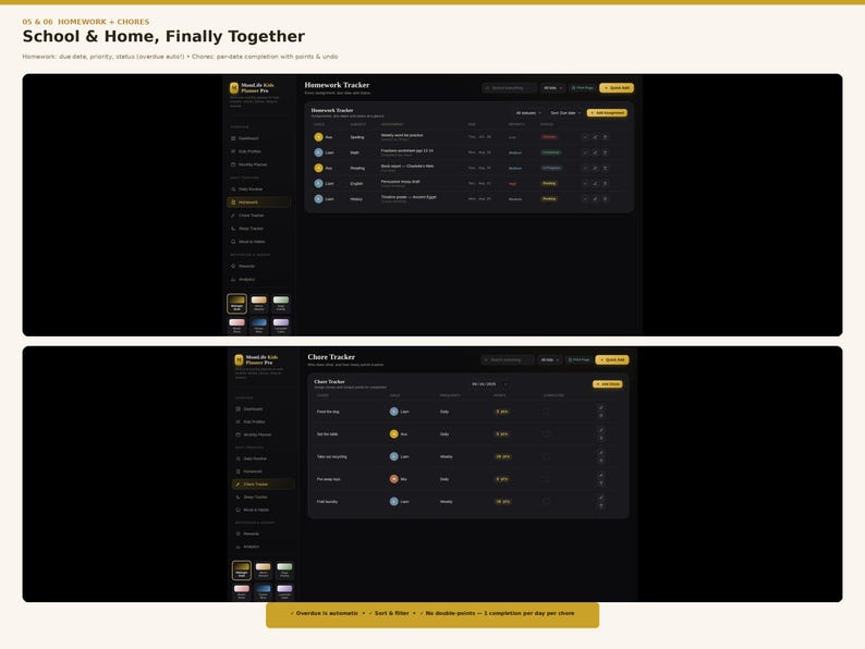 May include: A digital interface displaying a Homework Tracker and a Chore Tracker with a dark theme. The layout features lists with color-coded icons, status columns, and action buttons. Text includes School & Home, Finally Together, Homework Tracker, and Chore Tracker, organized in a sidebar navigation menu with various categories.