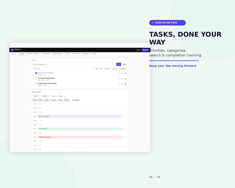 K&ouml;nnte beinhalten: Eine digitale Benutzeroberfl&auml;che f&uuml;r DailyPlan Pro, die ein Aufgabenverwaltungs-Dashboard mit einer Liste von Elementen, Kontrollk&auml;stchen und einer Tagesplanansicht zeigt. Der Text lautet: DAILYPLAN PRO, TASKS, DONE YOUR WAY, Priorities, categories, search & completion tracking, Keep your day moving forward.