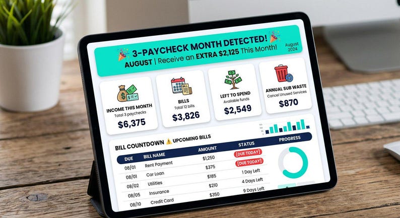 May include: A digital tablet screen displaying a financial budget dashboard titled 3-PAYCHECK MONTH DETECTED! AUGUST 2024. It features sections for income, bills, spending, and annual waste, alongside a bill countdown table with due dates and amounts.