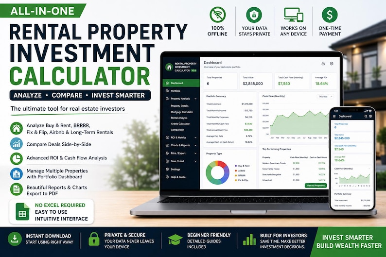 May include: A digital rental property investment calculator displayed on a laptop and smartphone screen. The interface shows a dashboard with portfolio summaries, cash flow graphs, and property metrics. Text includes All-In-One Rental Property Investment Calculator, Analyze, Compare, Invest Smarter, and No Excel Required.