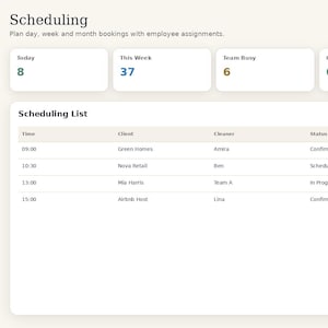 May include: A CleanSuite management platform dashboard interface featuring a dark sidebar with navigation links and a light main area displaying scheduling metrics, including today, this week, team busy, and conflicts, plus a detailed scheduling list.