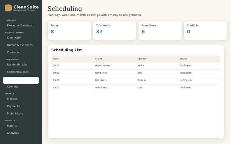 May include: A CleanSuite management platform dashboard interface featuring a dark sidebar with navigation links and a light main area displaying scheduling metrics, including today, this week, team busy, and conflicts, plus a detailed scheduling list.