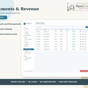 May include: A digital dashboard interface titled Payments & Revenue from PlannerToolLab. The screen displays a table with columns for date, property, type, amount, method, status, and actions, alongside a sidebar menu for financial management.