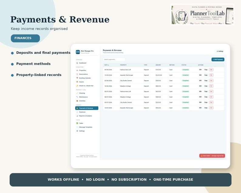May include: A digital dashboard interface titled Payments & Revenue from PlannerToolLab. The screen displays a table with columns for date, property, type, amount, method, status, and actions, alongside a sidebar menu for financial management.