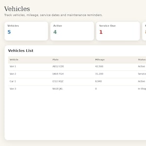 May include: A CleanSuite management platform dashboard displaying a Vehicles section with summary cards for vehicles, active status, service due, and mileage. A table below lists vehicle names, license plates, mileage, and status details.
