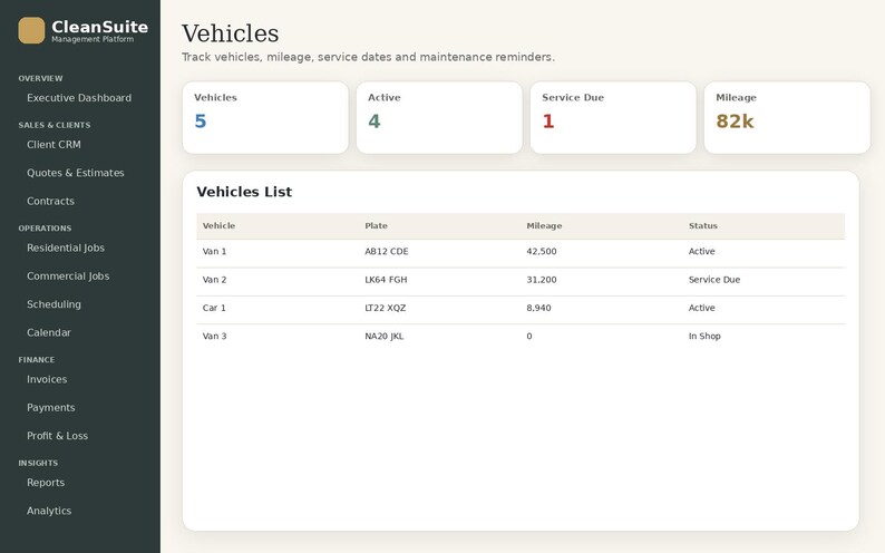 May include: A CleanSuite management platform dashboard displaying a Vehicles section with summary cards for vehicles, active status, service due, and mileage. A table below lists vehicle names, license plates, mileage, and status details.