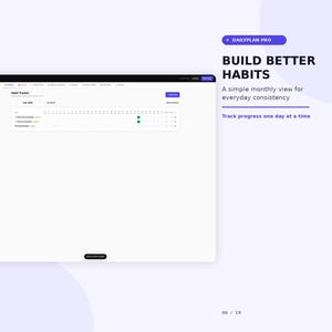 K&ouml;nnte beinhalten: Eine digitale Gewohnheits-Tracker-Oberfl&auml;che namens DailyPlan Pro mit einer monatlichen Kalenderansicht f&uuml;r Juli 2024. Der Bildschirm zeigt den Text Build Better Habits, A simple monthly view for everyday consistency und Track progress one day at a time.