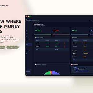 May include: A digital budget planner interface with a dark theme, displaying financial data including total income, expenses, remaining balance, and savings goals. The dashboard features tables for income sources and expenses, alongside a pie chart.
