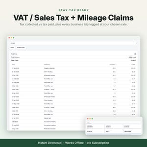 May include: A digital interface displaying a tax and mileage tracking spreadsheet. The header reads STAY TAX READY VAT / Sales Tax + Mileage Claims. The table lists dates, trip purposes, distances in miles, and claim amounts in British pounds.