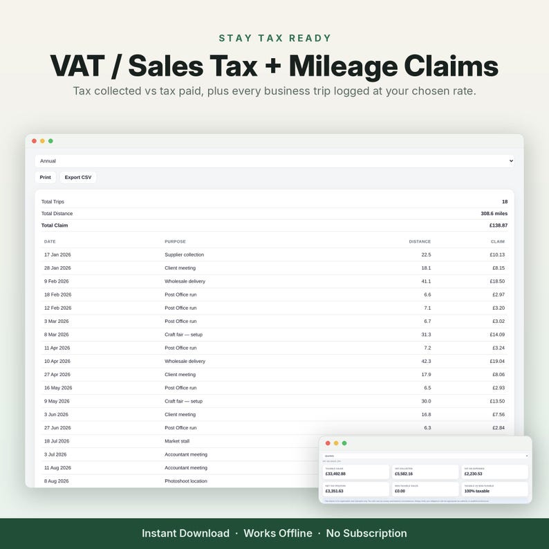 May include: A digital interface displaying a tax and mileage tracking spreadsheet. The header reads STAY TAX READY VAT / Sales Tax + Mileage Claims. The table lists dates, trip purposes, distances in miles, and claim amounts in British pounds.