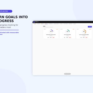 K&ouml;nnte beinhalten: Eine digitale Benutzeroberfl&auml;che f&uuml;r DailyPlan Pro mit dem Text Turn Goals Into Progress und Visual progress tracking for what matters most. Der Bildschirm zeigt ein Dashboard mit drei Zielkarten und kreisf&ouml;rmigen Fortschrittsdiagrammen.