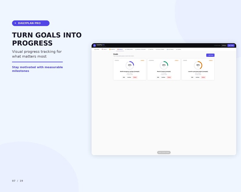 K&ouml;nnte beinhalten: Eine digitale Benutzeroberfl&auml;che f&uuml;r DailyPlan Pro mit dem Text Turn Goals Into Progress und Visual progress tracking for what matters most. Der Bildschirm zeigt ein Dashboard mit drei Zielkarten und kreisf&ouml;rmigen Fortschrittsdiagrammen.