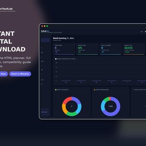 May include: A digital planner interface titled ToolLab Pro displayed on a dark background. The dashboard features a weekly productivity score graph, habit categories, budget breakdown, and task tracking widgets with text including Instant Digital Download.
