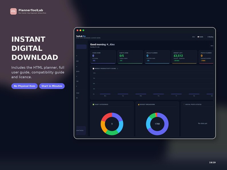 May include: A digital planner interface titled ToolLab Pro displayed on a dark background. The dashboard features a weekly productivity score graph, habit categories, budget breakdown, and task tracking widgets with text including Instant Digital Download.